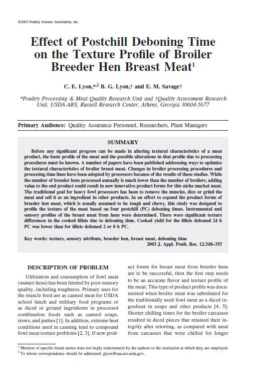Effect of postchill deboning time on the texture profile of broiler breeder hen breast meat.jpg