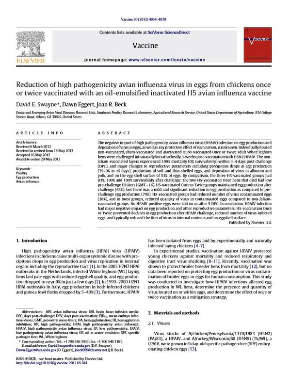 Reduction of high pathogenicity avian influenza virus in eggs from chickens once or twice vaccinated with an oil-emulsified inactivated H5 avian influenza vaccine.JPG