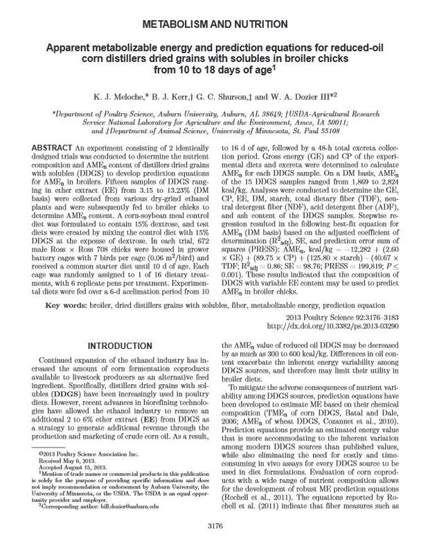 Apparent metabolizable energy and prediction equations for reduced-oil corn distillers dried grains with solubles in broiler chicks from 10 to 18 days old.jpg