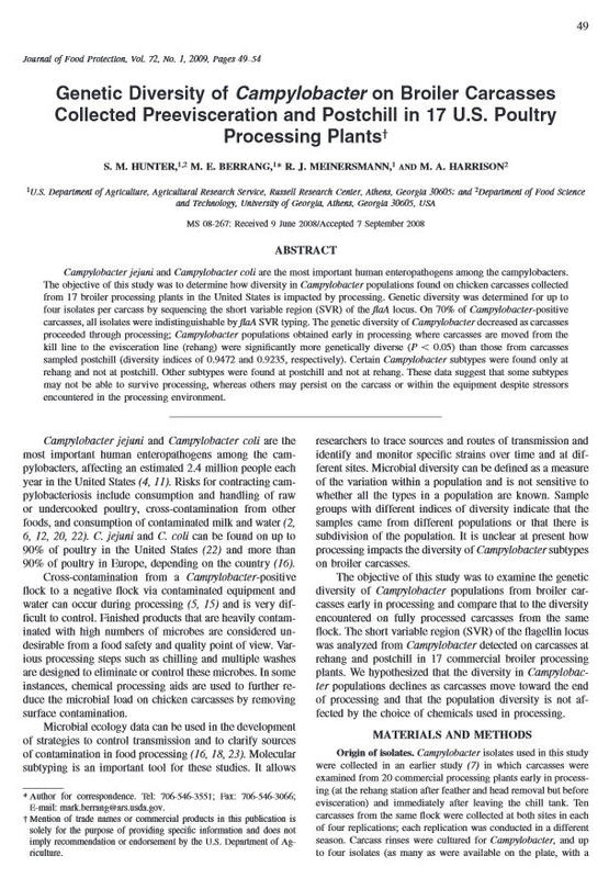 Genetic Diversity of Campylobacter on Broiler Carcasses Collected Preevisceration and Postchill in 17 U.S. Poultry Processing Plants.jpg