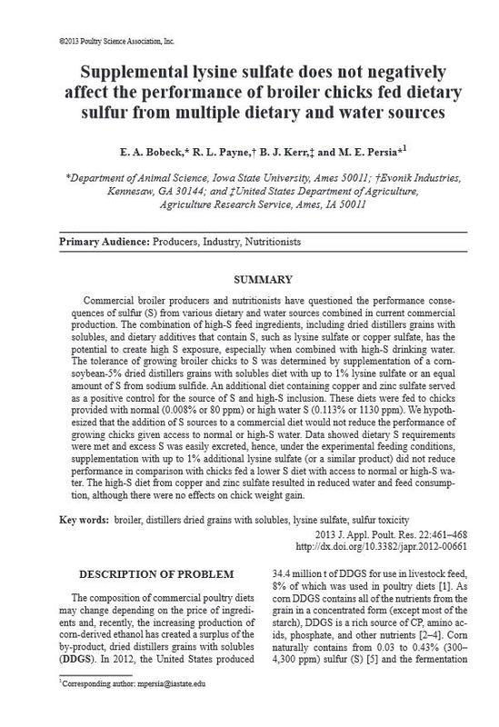 Supplemental lysine sulfate does not negatively affect performance of broiler chicks fed dietary sulfur from multiple dietary and water sources.jpg