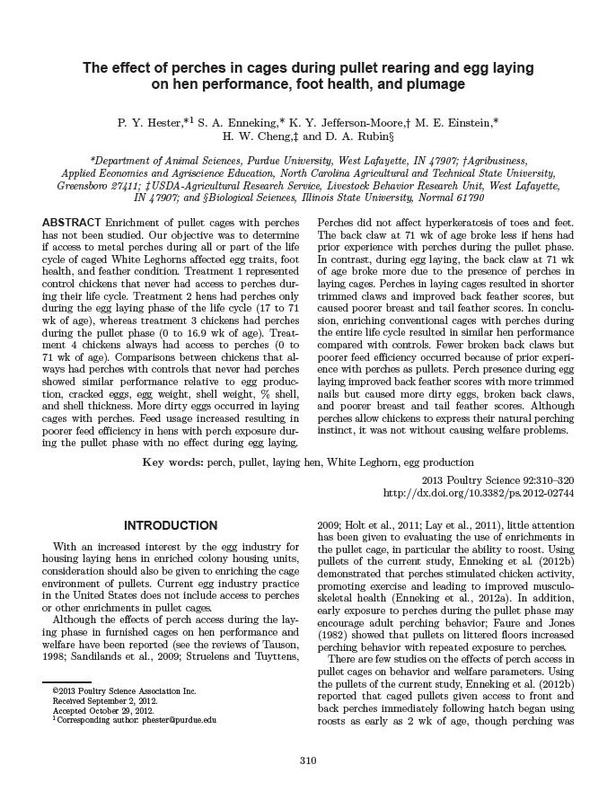 The effect of perches in cages during pullet rearing and egg laying on hen performance, foot health, and plumage.jpg