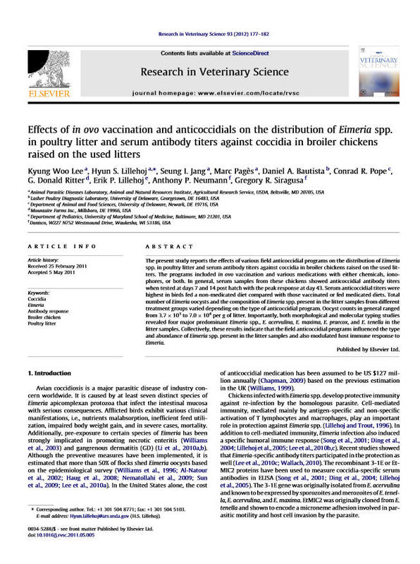 Effects of in ovo vaccination and anticoccidials on the distribution of Eimeria spp. in poultry litter and serum antibody titers against coccidia in broiler chickens raised on the used litters.jpg