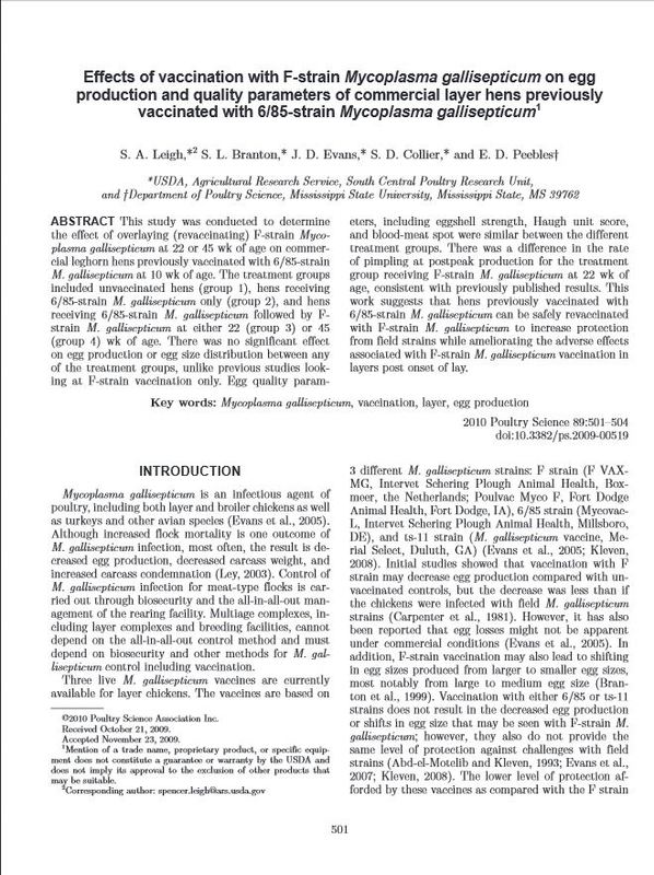 Effects of vaccination with F-strain Mycoplasma gallisepticum on egg production and quality parameters of commercial layer hens previously vaccinated with 6 85-strain Mycoplasma gallisepticum.JPG