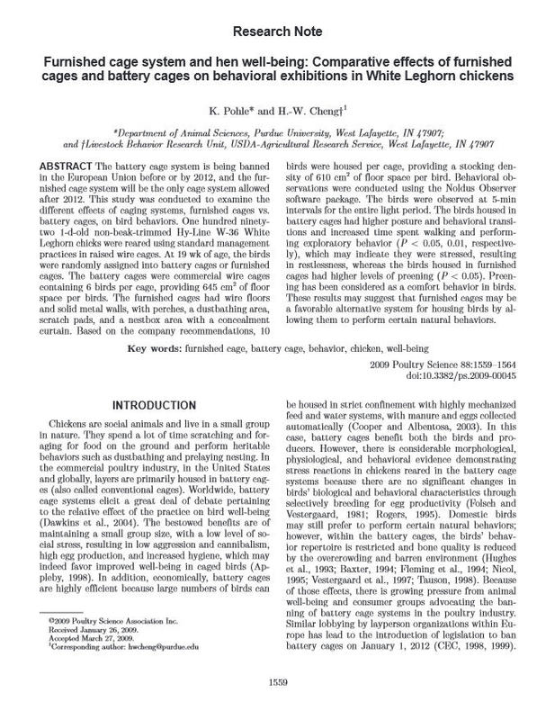 Furnished cage system and hen well-being Comparative effects of furnished cages and battery cages on behavioral exhibitions in White Leghorn chickens.jpg