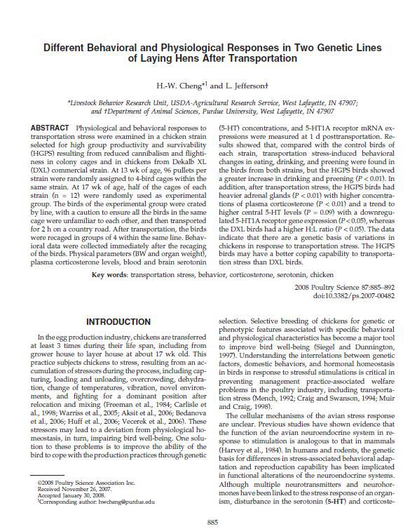 Different Behavioral and Physiological Responses in Two Genetic Lines of Laying Hens After Transportation.JPG