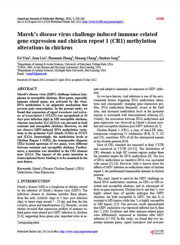 Marek’s disease virus challenge induced immune-related gene expression and chicken repeat 1 (CR1) methylation alterations in chickens.jpg