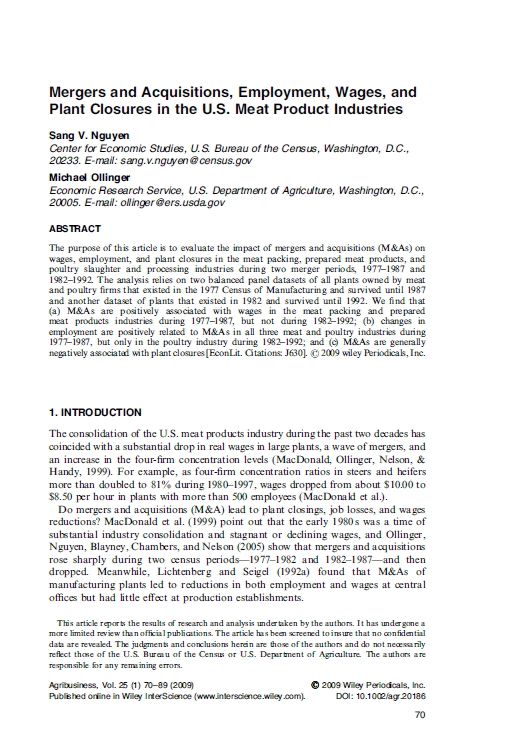Mergers and acquisitions, employment, wages, and plant closures in the U.S. meat product industries.jpg