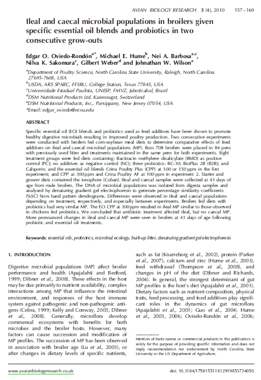 Ileal and cecal microbial populations in broilers given specific essential oil blends and probiotics in two consecutive grow-outs.jpg