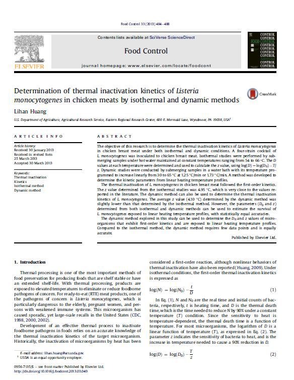 Determination of thermal inactivation kinetics of Listeria monocytogenes in chicken meats by isothermal and dynamic methods.jpg