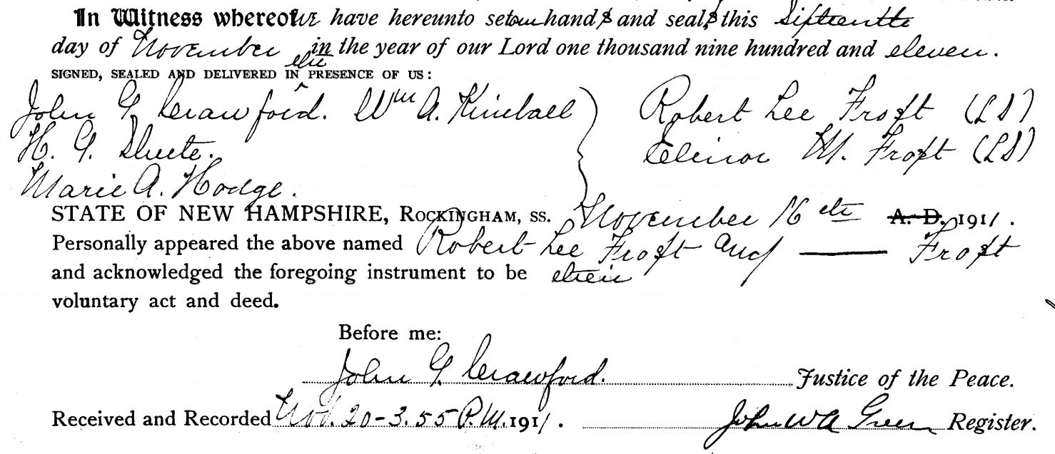 Transfer of The Frost Farm from Robert and Elinor Frost to its new owner
