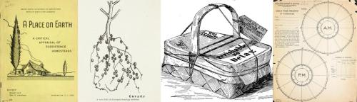 Figure-4.1 Images of  the cover of "A Place on Earth," a drawing of a tree branch by George Washington Carver, a basket, and a data collection tool for time-series diaries