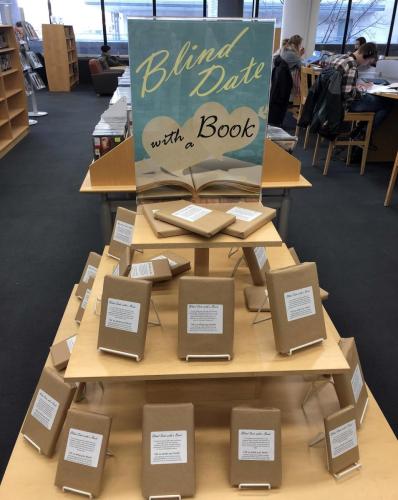 Figure-8.1 Books arranged on a shelf under a sign stating "Blind Date with a Book"